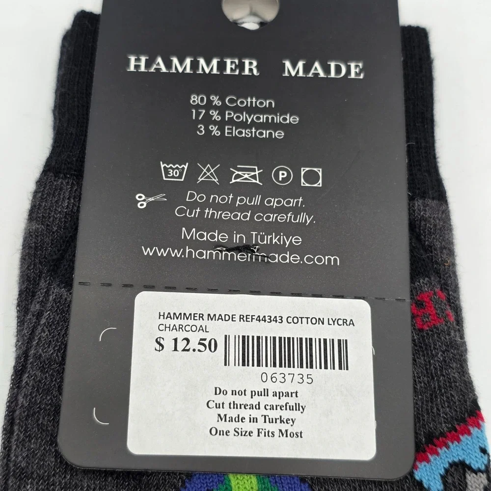 HAMMER MADE Novelty Crew Socks Soccer Ball Shoe Print‎ Charcoal Grey New Sports